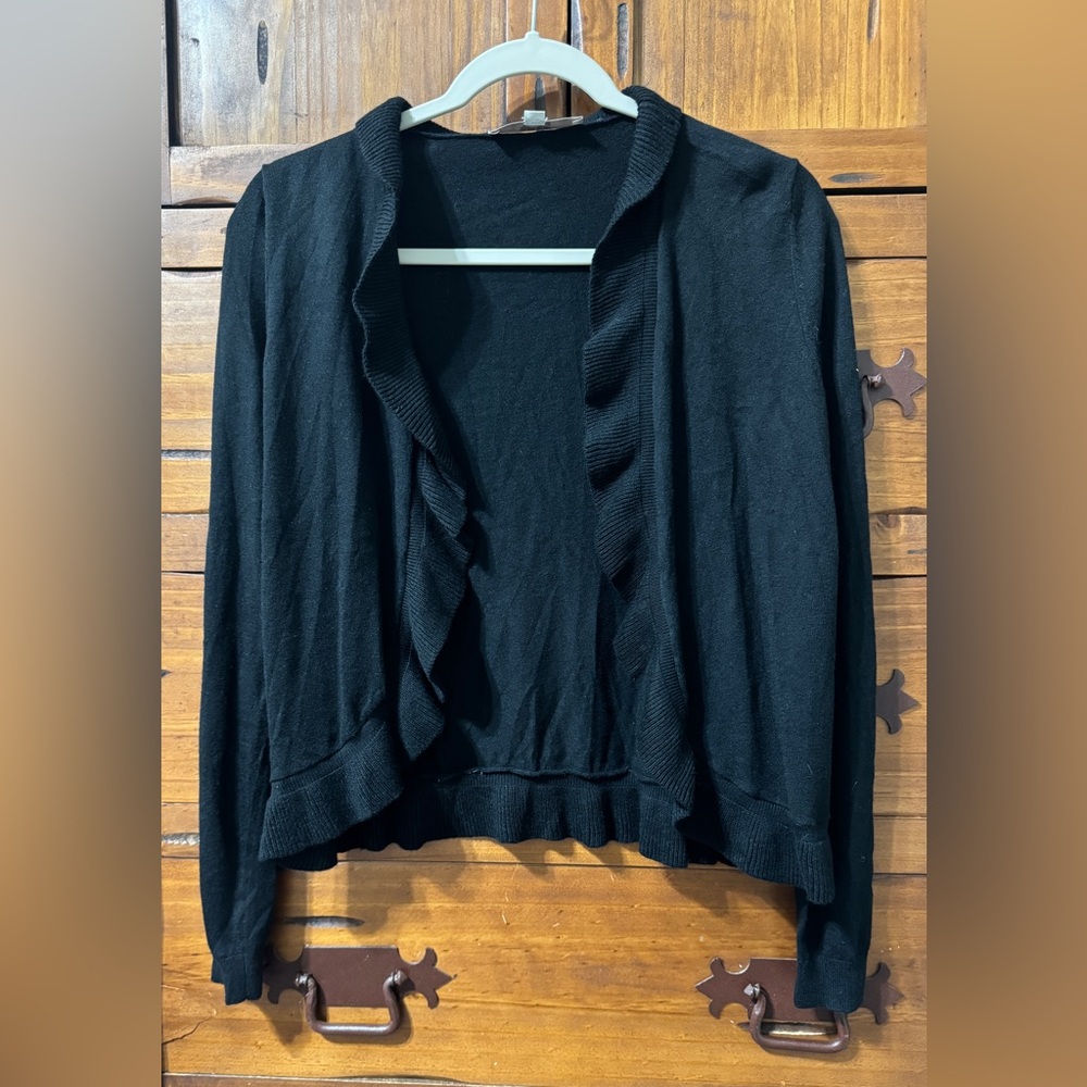 LOFT Elegant Black Ruffle Cardigan